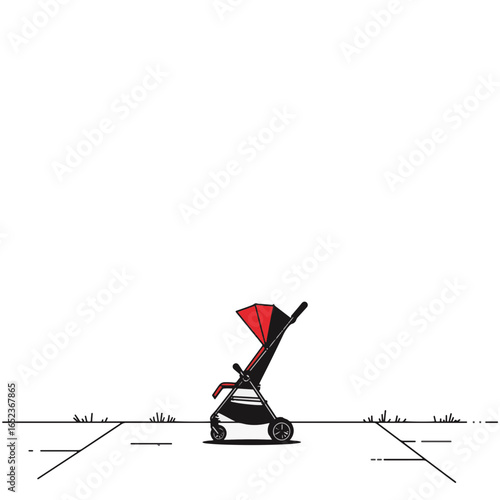 Empty stroller on sidewalk in minimalist black and white style, solitude