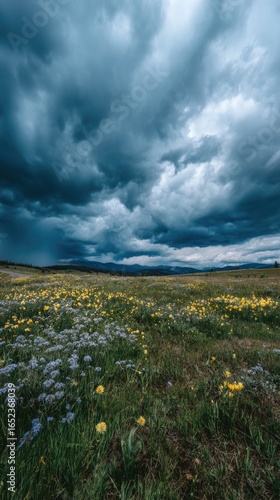 Dark clouds loom over a vibrant flower field