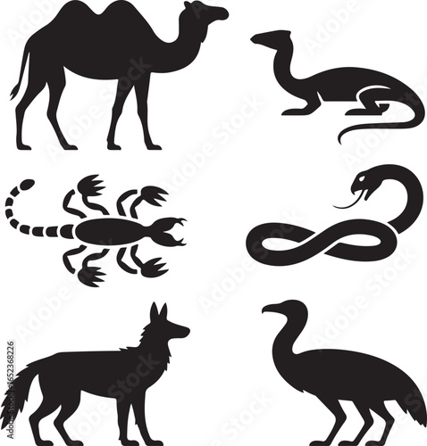 Black silhouette illustrations of desert animals including camel, scorpion, snake, and jackal dromedary