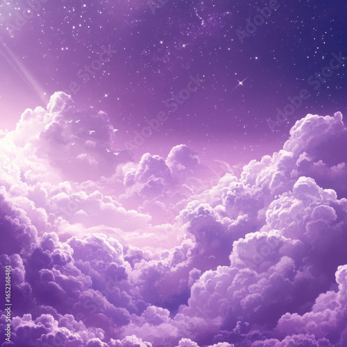 Dreamy purple clouds illuminated by soft light and stars