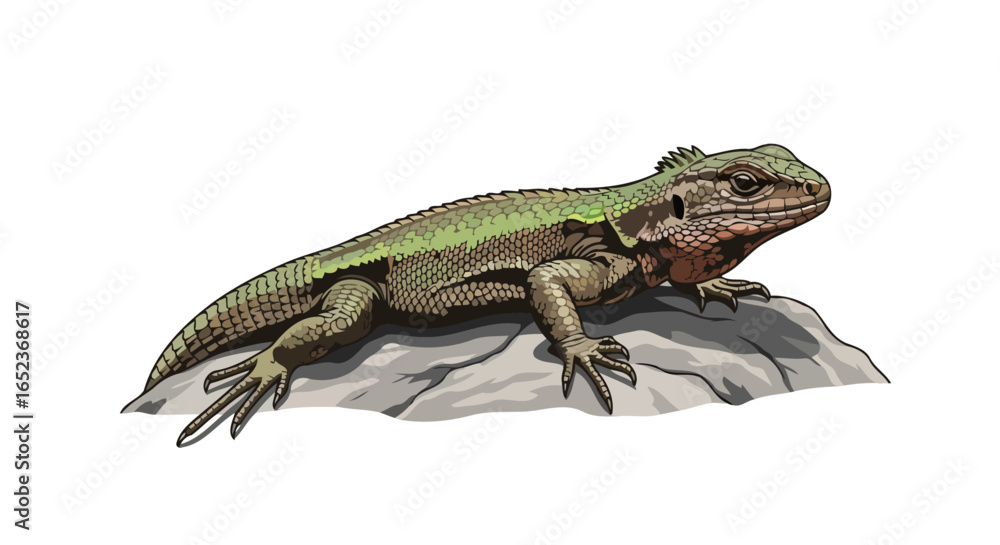 Naklejka premium green lizard on rock transparent background vector illustration