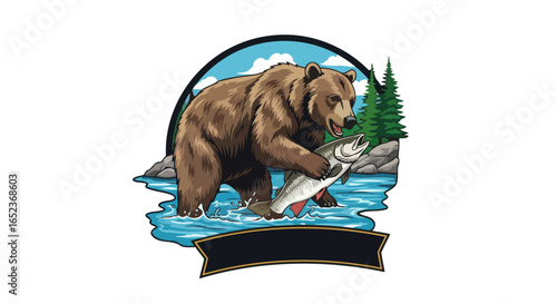 grizzly bear catching salmon transparent vector illustration for logos