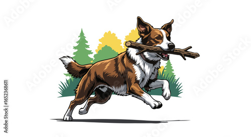 happy dog running with stick transparent background vector illustration