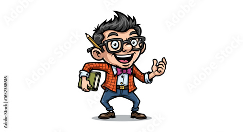 happy nerd boy with book transparent background vector illustration
