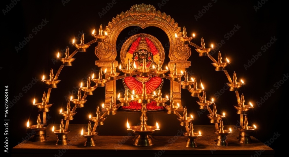 Obraz premium Golden Archway Illuminates Sacred Deity Surrounded by Many Lamps