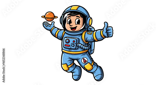 joyful astronaut with planet transparent vector illustration for kids