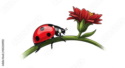 ladybug on red flower stem transparent background vector illustration
