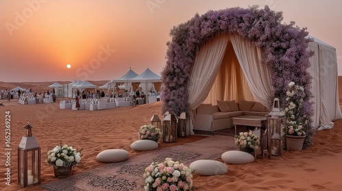 Romantic Desert Sunset Wedding: Elegant Tent Setup with Flowers, Lanterns, and Soft Seating