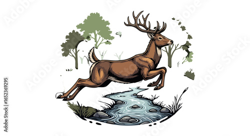 majestic deer leaping stream transparent background vector illustration