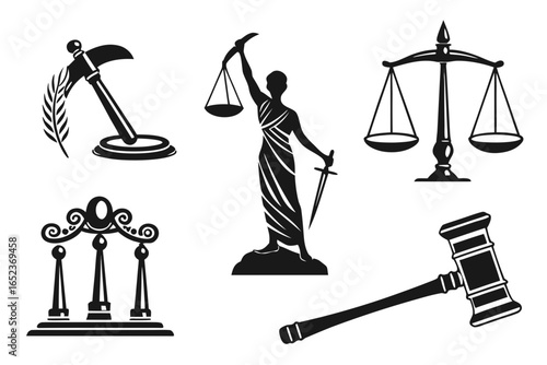 Justice and law icons isolated on white background in black and white