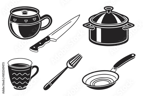 Kitchen utensils and cookware isolated on white background in vector format