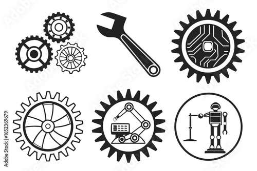 Collection of mechanical and technological gears isolated on white background