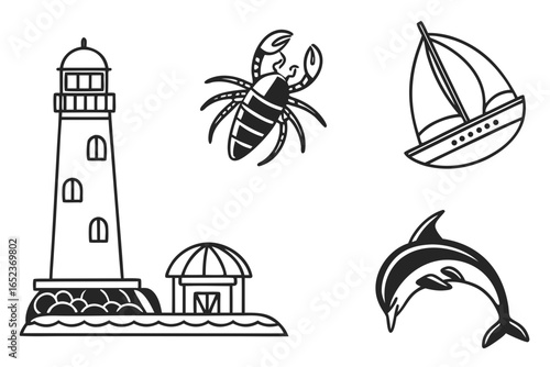 Marine life and nautical icons isolated on white background