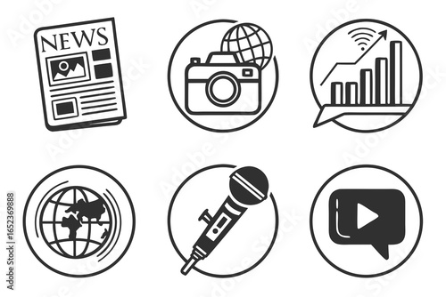 Media and communication icons in circles isolated on white background for project