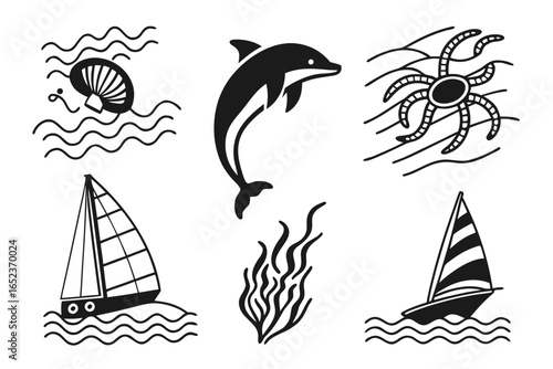 Collection of sea icons with dolphin, shell, and boat isolated on white background