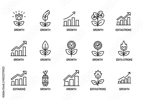 A collection of linear icons representing the concept of growth, including plants, flowers, and bar charts.
