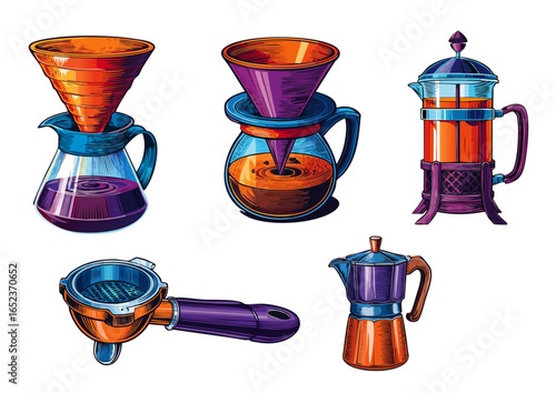 Hand Brewing Coffee Tools and Equipment Vector Set