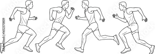 Detailed Line Art of Running Athletes - Male Sprinters and Joggers in Motion