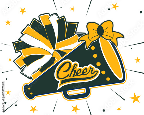 Cheerleading Dark Green and Gold Pom-poms, a Megaphone and the word CHEER. Green Bay Vector cheerleading illustration.