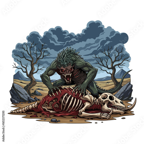 savage monster devouring remains transparent background vector illustration