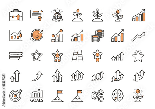 Set of linear icons related to business growth, success and career development.