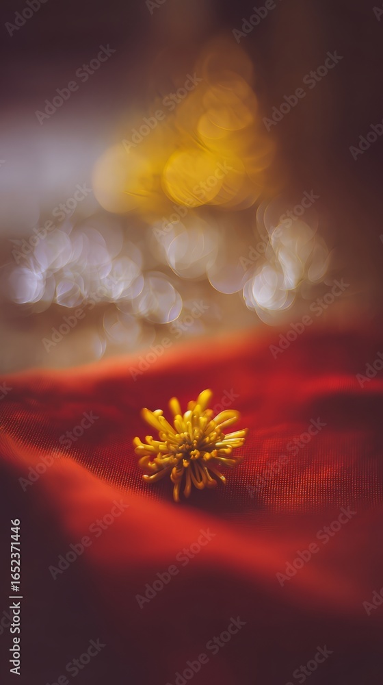 Fototapeta premium Golden chrysanthemum blossom on scarlet silk, with soft light and distant fireworks. 