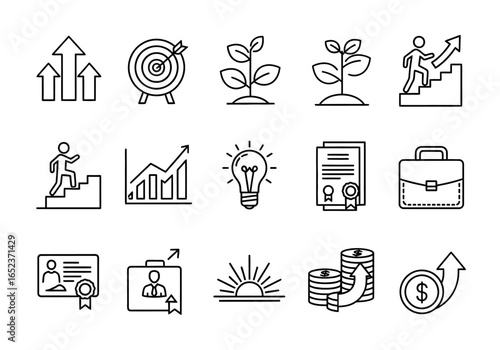 Set of line icons representing business growth, success, finance, and personal development.