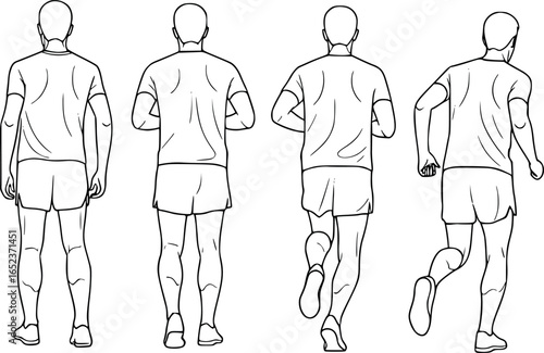 back view Detailed Line Art of Running Athletes - Male Sprinters and Joggers in Motion