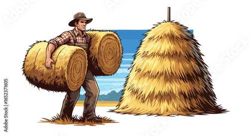 strong farmer carrying hay bales transparent background vector illustration