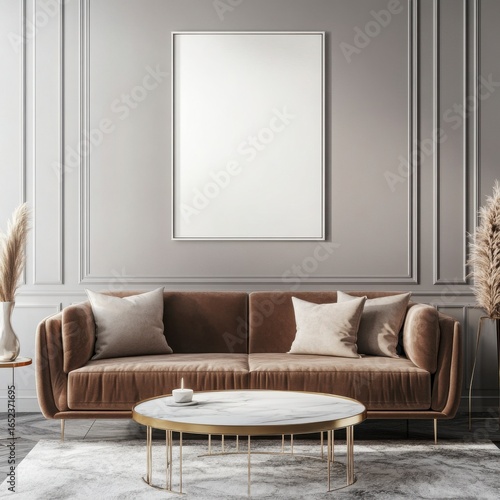Modern Living Room With Brown Velvet Sofa And Marble Coffee Table
