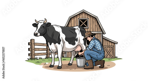 transparent background vector illustration farmer milking cow by barn