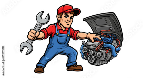 transparent background vector mechanic with wrench car engine illustration