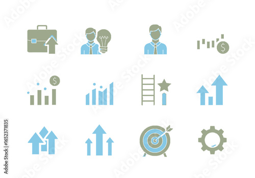 A set of twelve business icons illustrating growth, success, and progress.