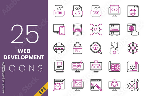 Web development icon set, clean vector line and color style for coding, design, and tech projects.