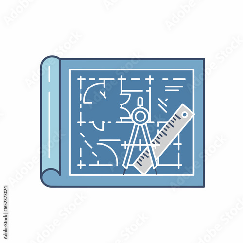 Blueprint design with compass and ruler, architectural planning tools.