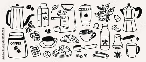 Whimsical coffee line art doodle sketch. Whimsy breakfast with coffee cup, machine, croissant, cafeteria food. French brunch coquette vector outline illustration