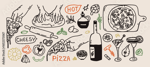 Whimsical pizza Italian food line art sketch. Whimsy doodle mediterranean wine dinner, hand holding pizza slice, hands knead dough. Wedding coquette vector outline illustration