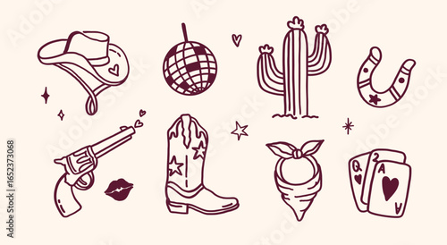 Whimsical cowgirl hand drawn doodle. Vintage texas whimsy line art western boot, hat, horseshoe, cactus set. Coquette rodeo west girl vector outline illustration