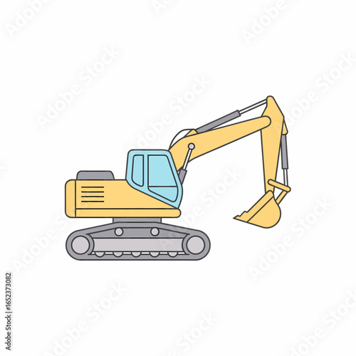 A yellow construction excavator with a hydraulic arm and bucket, depicted in a simple line art illustration.