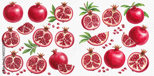A beautiful watercolor illustration set of ripe pomegranates, whole, halved, sliced, with leaves and scattered seeds.