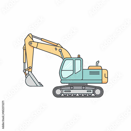 A colorful line art illustration of a construction excavator with a yellow hydraulic arm and teal body, isolated on a white background.