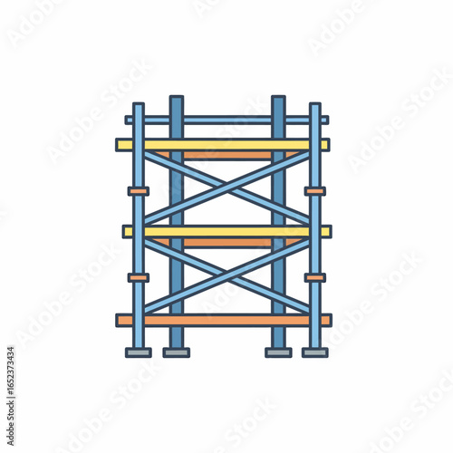 A colorful line art icon of a multi-level scaffolding tower used for construction and building repair.