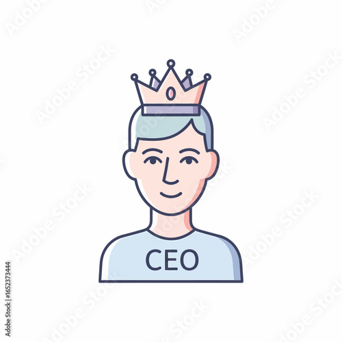 A line art illustration of a young, smiling CEO wearing a royal crown, symbolizing leadership, success, and authority in business.