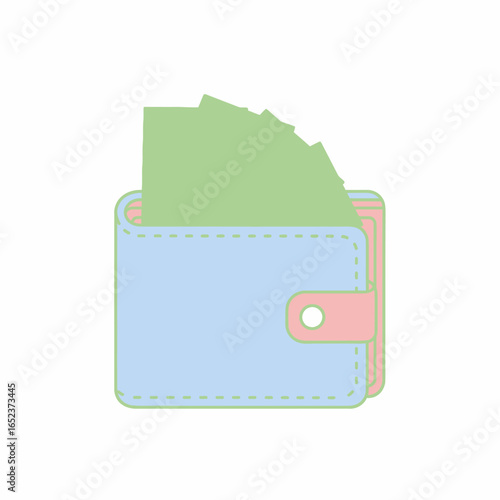A simple pastel illustration of a light blue wallet with a pink clasp, full of fanned-out green cash banknotes.