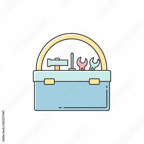 A colorful line art illustration of an open blue toolbox containing a hammer, screwdriver, and wrenches.