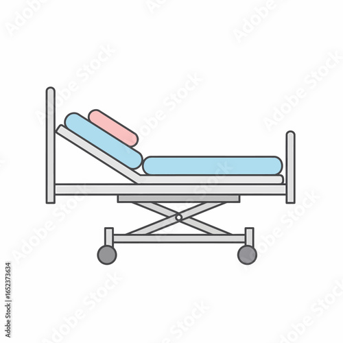 An empty hospital bed or gurney with an adjustable raised back, blue mattress, and pillows, shown from the side.