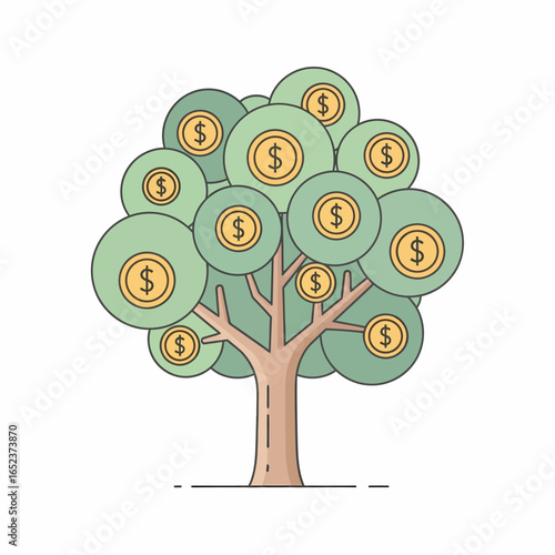 A stylized money tree illustration with round green leaves bearing golden dollar coins, symbolizing financial growth and prosperity.