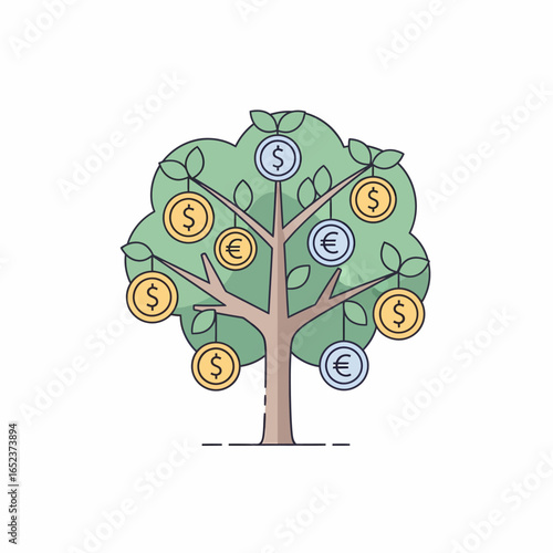 A simple line art illustration of a money tree with gold dollar and silver euro coins hanging from its branches.