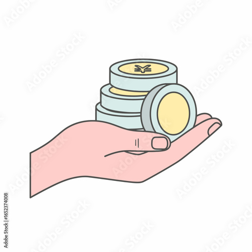 A person's open hand holding a stack of coins with the Japanese Yen symbol, representing finance, savings, and wealth.