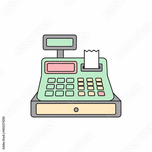 A colorful, cartoon-style illustration of a vintage cash register with a printed receipt on a white background.